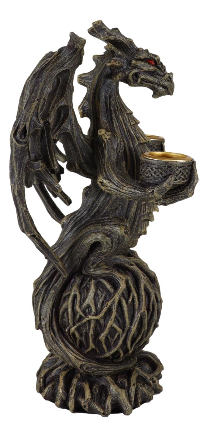 Forest Tree Ent Greenman Dendritic Dragon On Globe Double Candleholder Figurine