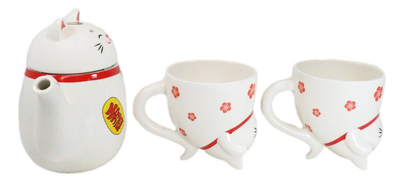 Japanese Maneki Neko Lucky Beckoning Cat Ceramic Tea Pot And 2 Teacup Mugs Set