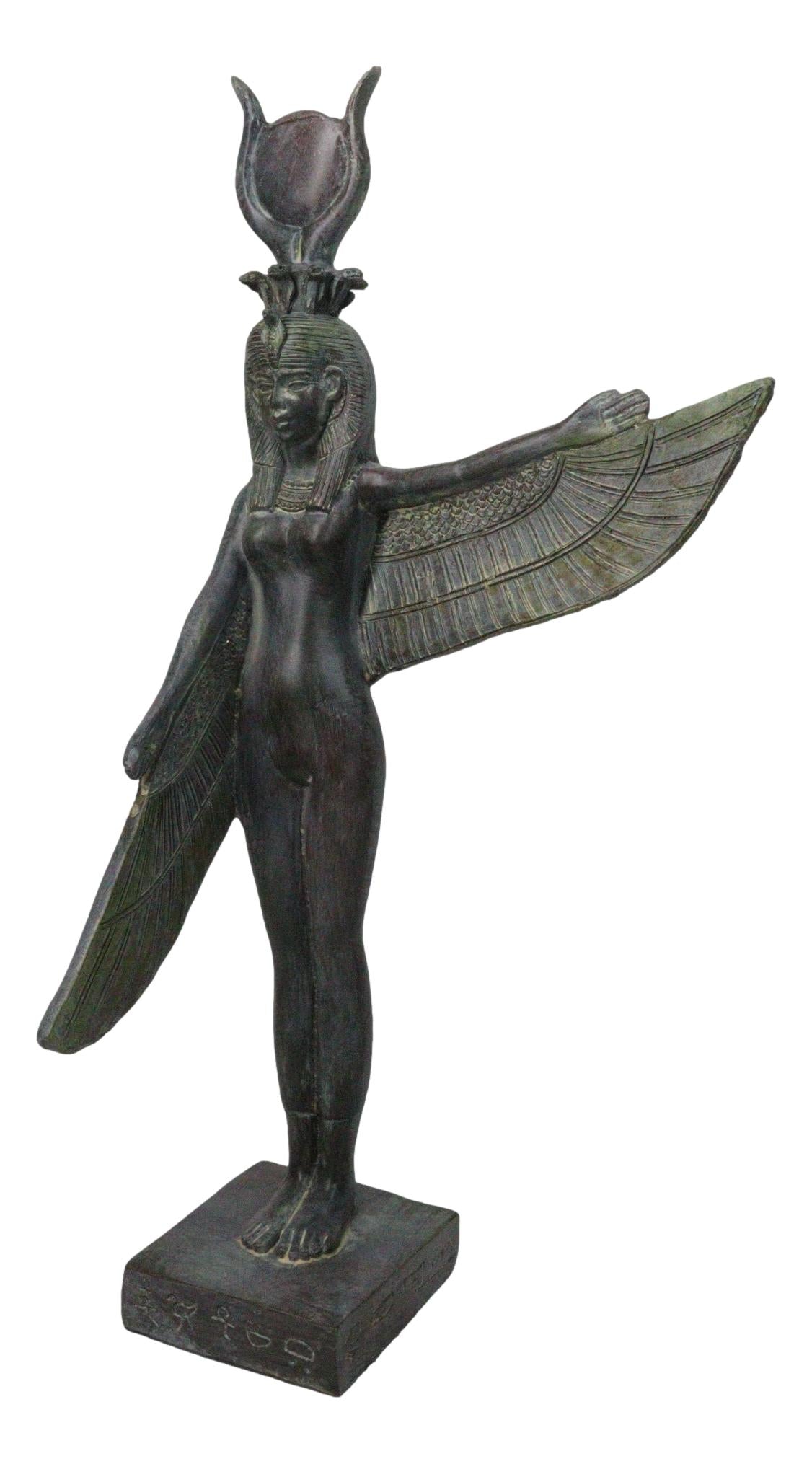 Goddess Isis Ra With Raised Left Wing On Hieroglyphic Base Figurine 14" Tall