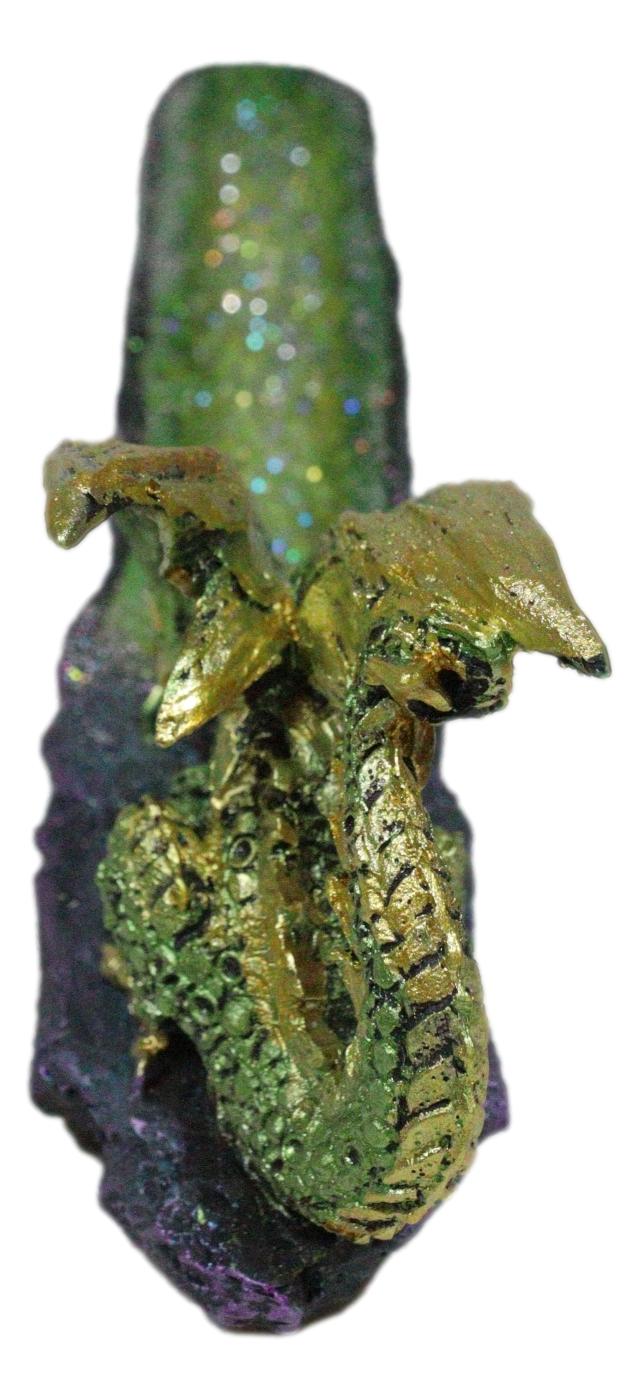 Metallic Green Gold Dragon Crouching On Faux Crystal Geode Basin Incense Holder