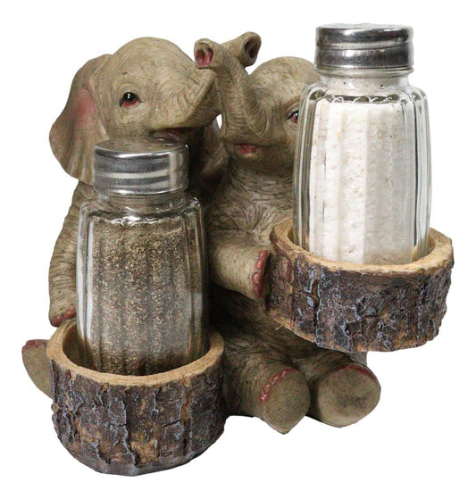 Elephant Couple with Intertwined Trunks Glass Salt and Pepper Shakers Holder