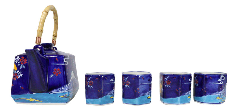 Blue Mount Fuji With Full Moon Ceramic Hexagonal Teapot With 4 Tea Cups Set