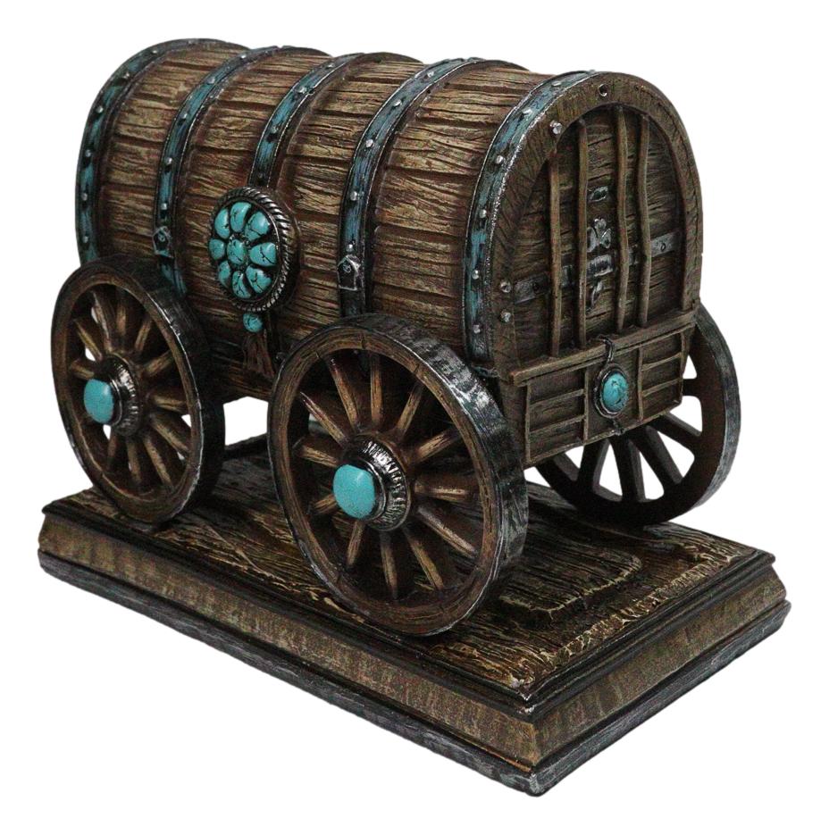 Rustic Western Faux Wooden Carriage Covered Wagon with Turquoise Accent Figurine