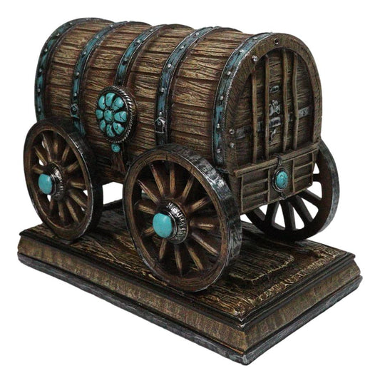 Rustic Western Faux Wooden Carriage Covered Wagon with Turquoise Accent Figurine