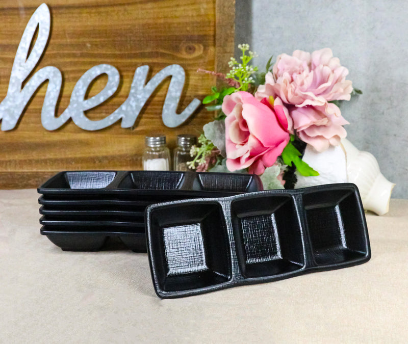 Pack Of 6 Black Silk Melamine 3 Partition Condiment Sauce Dipping Bowl or Dishes