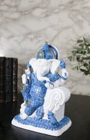 Blue & White Ganesha Statue with Mushak, 8.5-Inch Hindu God Seated on Throne