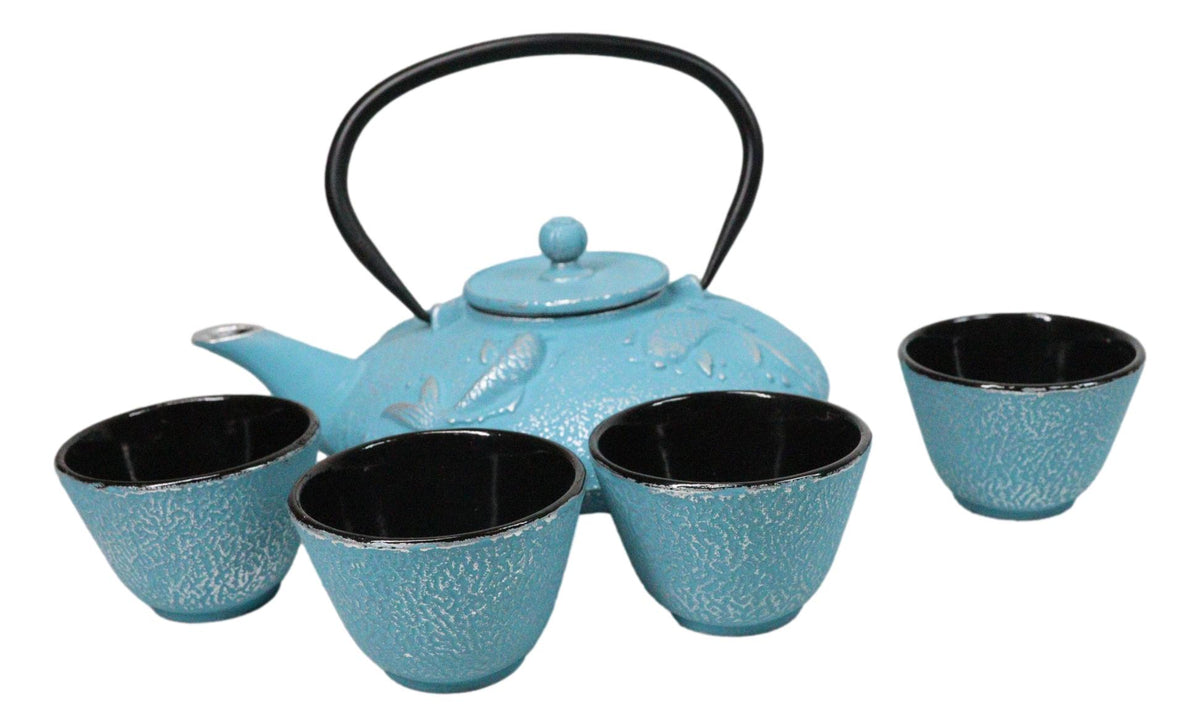 Turquoise Blue Lucky Koi Fishes Tetsubin 27oz Cast Iron Tea Pot With 4 Cups Set