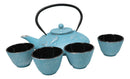 Turquoise Blue Lucky Koi Fishes Tetsubin 27oz Cast Iron Tea Pot With 4 Cups Set