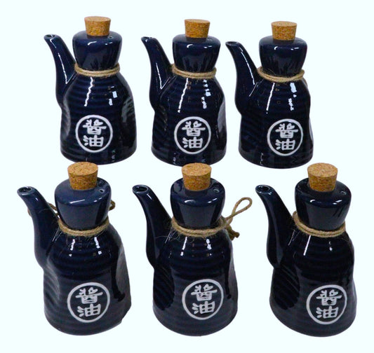 Set Of 6 Blue Japanese Calligraphy Shoyu Tenmoku Porcelain Soy Sauce Flask 7oz