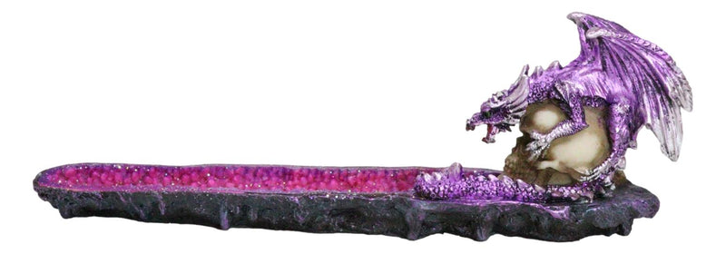 Purple Dragon Perching On Skull Graveyard Faux Crystals Geode Incense Burner