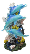 3 Blue Dolphins Swimming Around Coral Reef With Sunken Ship Anchor Figurine
