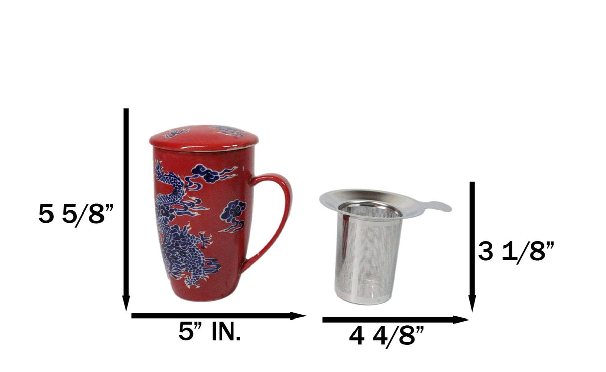 Red Oriental Dragon King 15oz Porcelain Tea Mug With Lid Stainless Steel Infuser