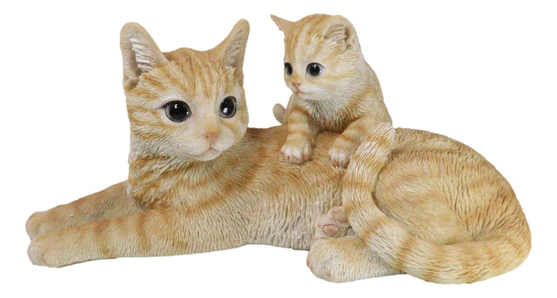 Realistic Curious Feline Orange Tabby Cat Mother with Cute Kitten Figurine 12"L