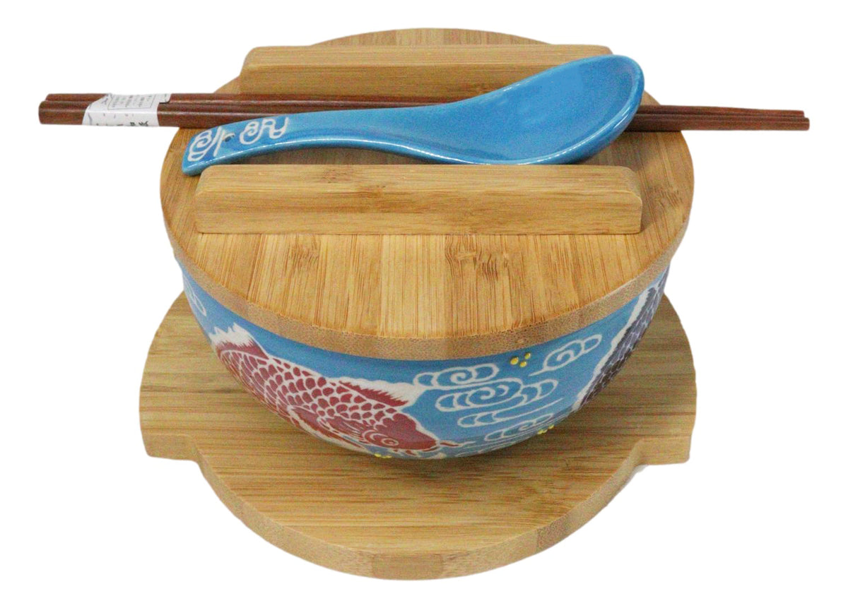 Blue And Red Koi Fishes Donburi Ramen Bowl With Lid Trivet Spoon Chopsticks Set