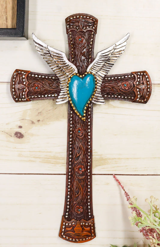 Western Boho Chic Turquoise Heart Angel Wings Tooled Floral Leather Wall Cross - Ebros Gift