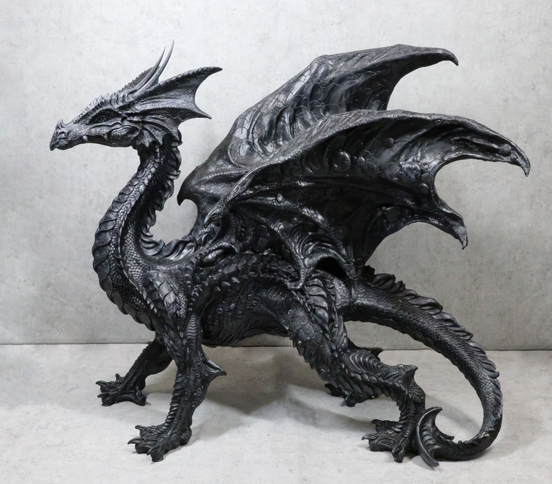 Large 24"L Nightfury Black Shadow Dragon Standing With Perched Up Wings Statue