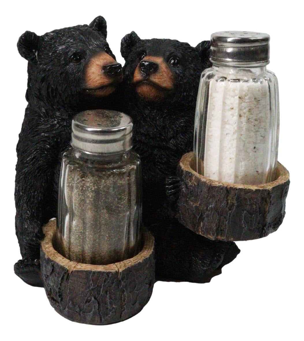 Rustic Forest Black Bear Couple Glass Salt and Pepper Shakers Holder Figurine