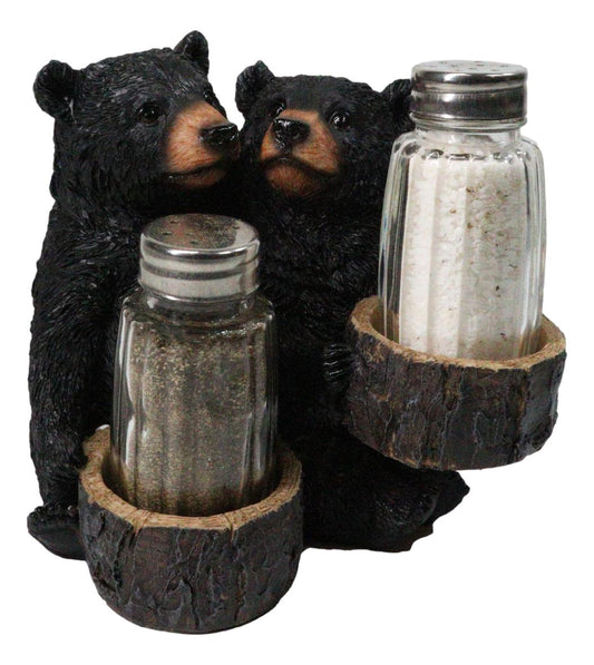 Rustic Forest Black Bear Couple Glass Salt and Pepper Shakers Holder Figurine