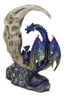 Blue Dragon With Baby Wyrmling Perching On Bone Skull Crescent Moon Figurine