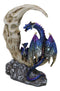 Blue Dragon With Baby Wyrmling Perching On Bone Skull Crescent Moon Figurine