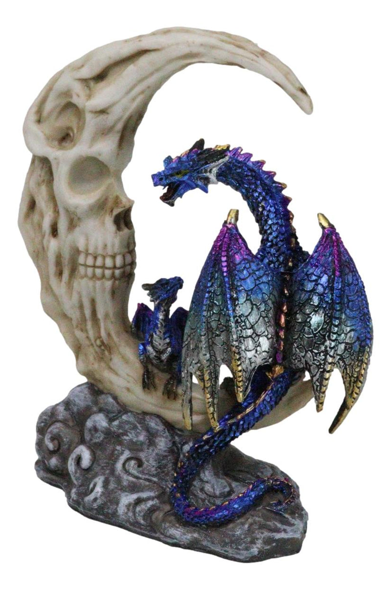 Blue Dragon With Baby Wyrmling Perching On Bone Skull Crescent Moon Figurine
