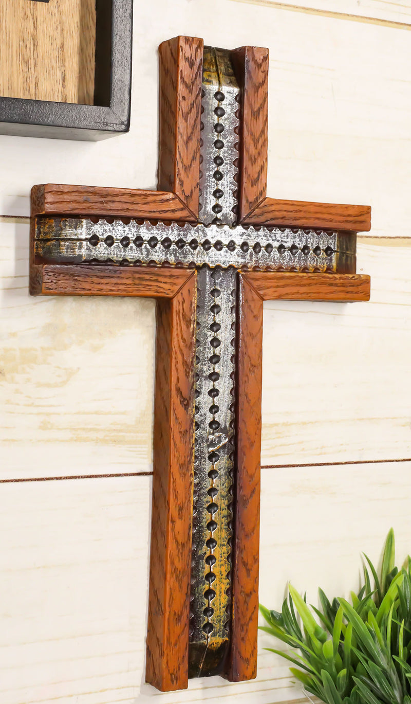 Rustic Western Wood Grain Pattern With Grey Silver Motif Faux Wooden Wall Cross