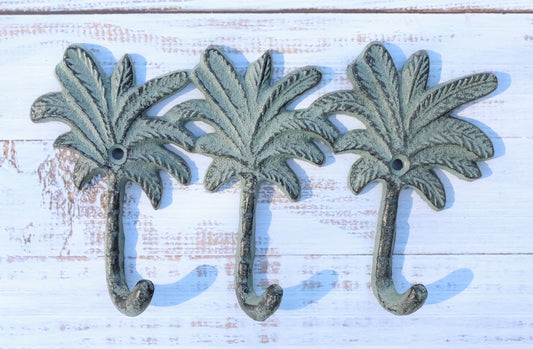 Pack Of 2 Cast Iron Verdigris Beach Coconut Palm Trees Triple Wall Key Hooks - Ebros Gift