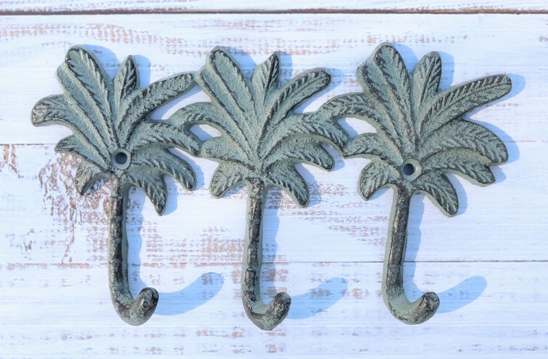 Pack Of 2 Cast Iron Verdigris Beach Coconut Palm Trees Triple Wall Key Hooks