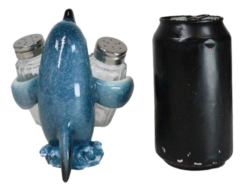 Ocean Marine Blue Dolphin Riding Sea Waves Salt And Pepper Shakers Holder Set