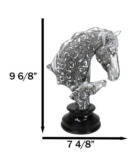 Silver Equine Mother Horse And Foal With Tooled Floral Vines Filigree Figurine