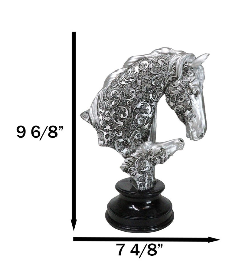 Silver Equine Mother Horse And Foal With Tooled Floral Vines Filigree Figurine