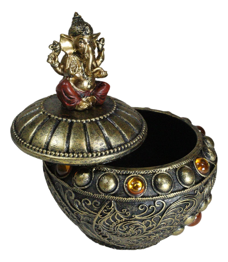 Hindu Vastu Yoga Ganesha Tooled Patterns And Gemstones Decorative Trinket Box