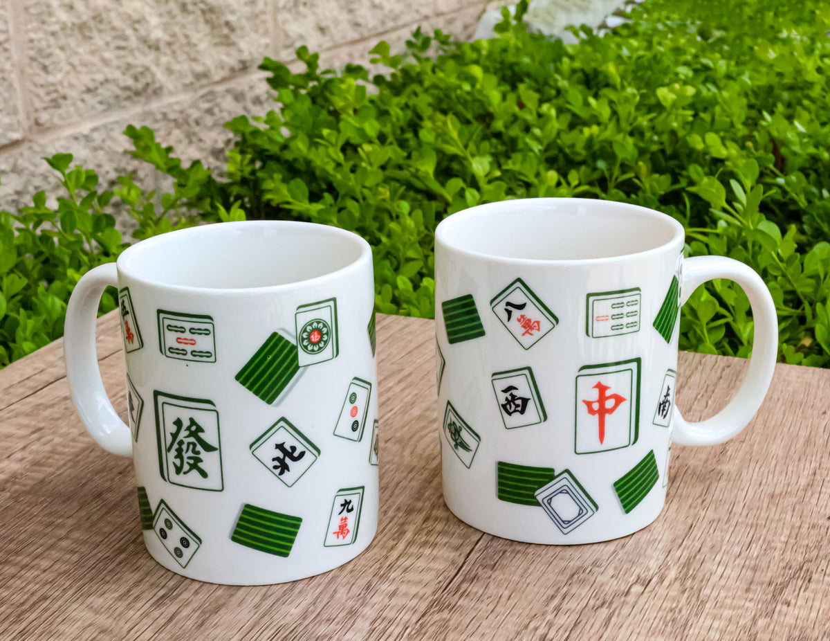 Set Of 2 Green White Chinese Mahjong Character Tiles Ceramic Mug Cups 11oz