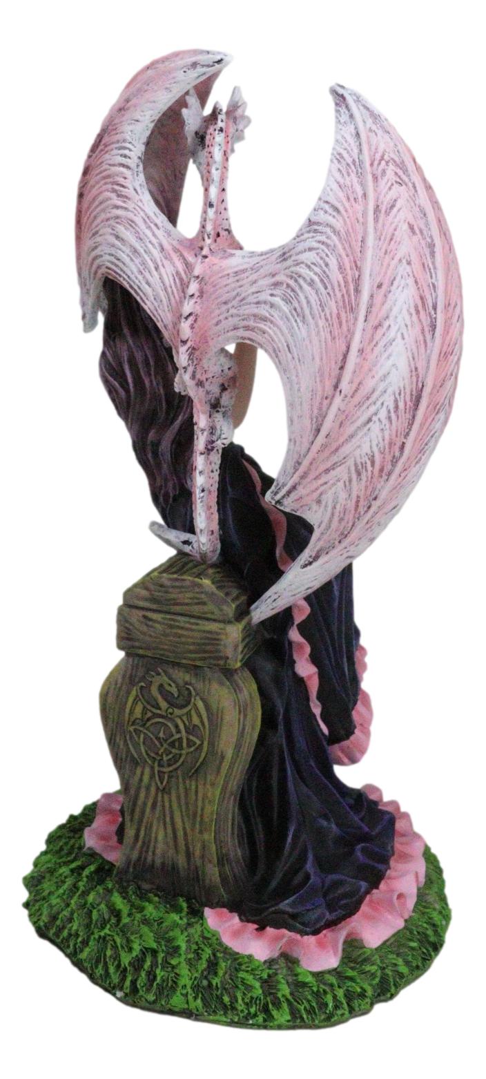 Elegant Pink Wyvern Dragon with Rose Fairy in Black Gown Sitting On Bench Statue