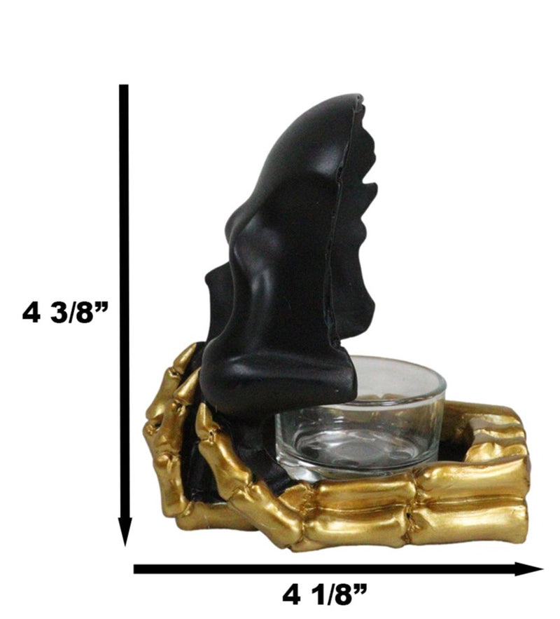 Black Phantom Skull Mask On Gold Skeleton Hand Votive Tea Light Candle Holder