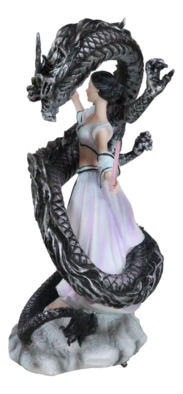 Legends Oriental Black Dragon King With Red Fans Geisha Dancer Fairy Figurine