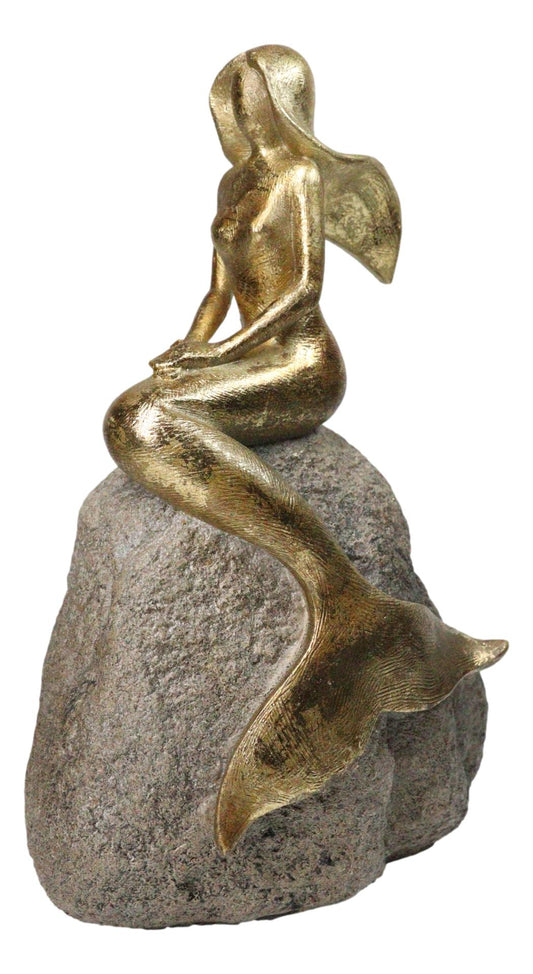 Gold Leaf Resin Mermaid Siren Sunbathing On Giant Ocean Rock Figurine 10.75"H