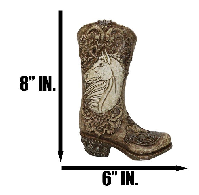 Western Wild Horse with Floral Scrollwork Faux Wood Cowboy Boot Vase Holder