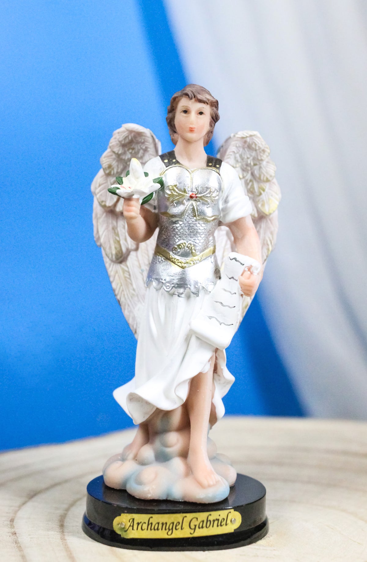 Catholic Archangel Saint Gabriel Holding Scroll And Lotus Figurine With Base 5"H - Ebros Gift