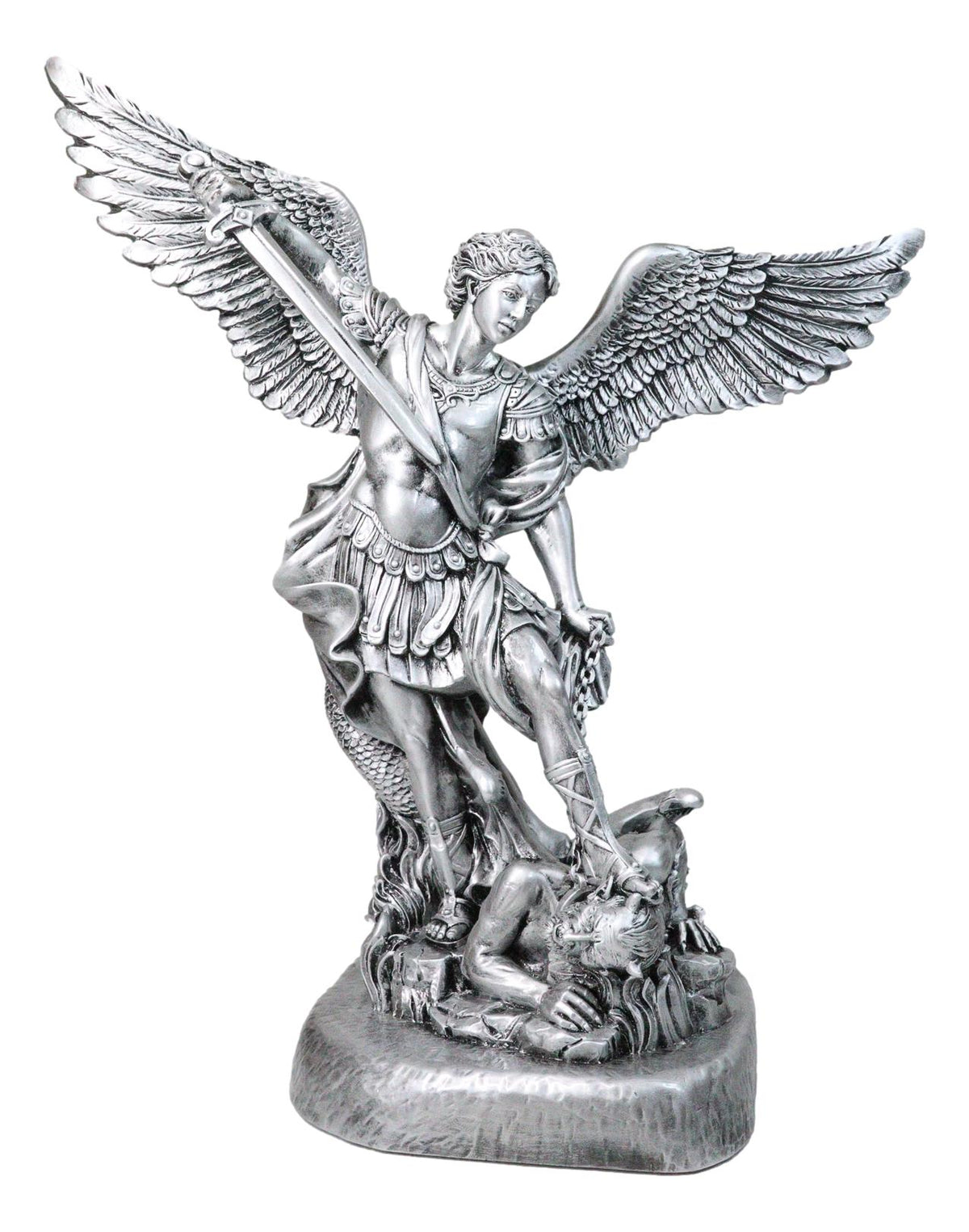 Italian Silver Archangel Saint Michael Trampling Satan With Sword Statue 16"H - Ebros Gift