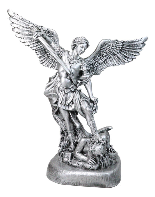 Italian Silver Archangel Saint Michael Trampling Satan With Sword Statue 16"H - Ebros Gift