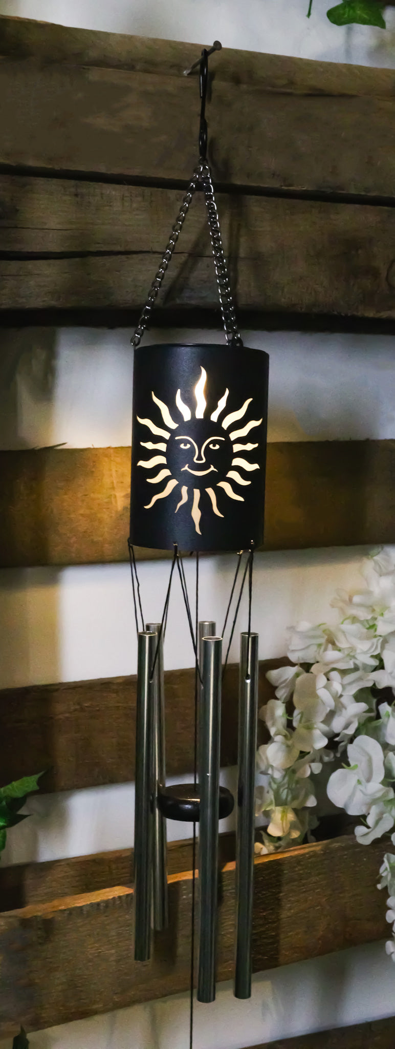 Belenos Sun God Cylindrical Steel Metal Filigree Hanging Solar Wind Chime