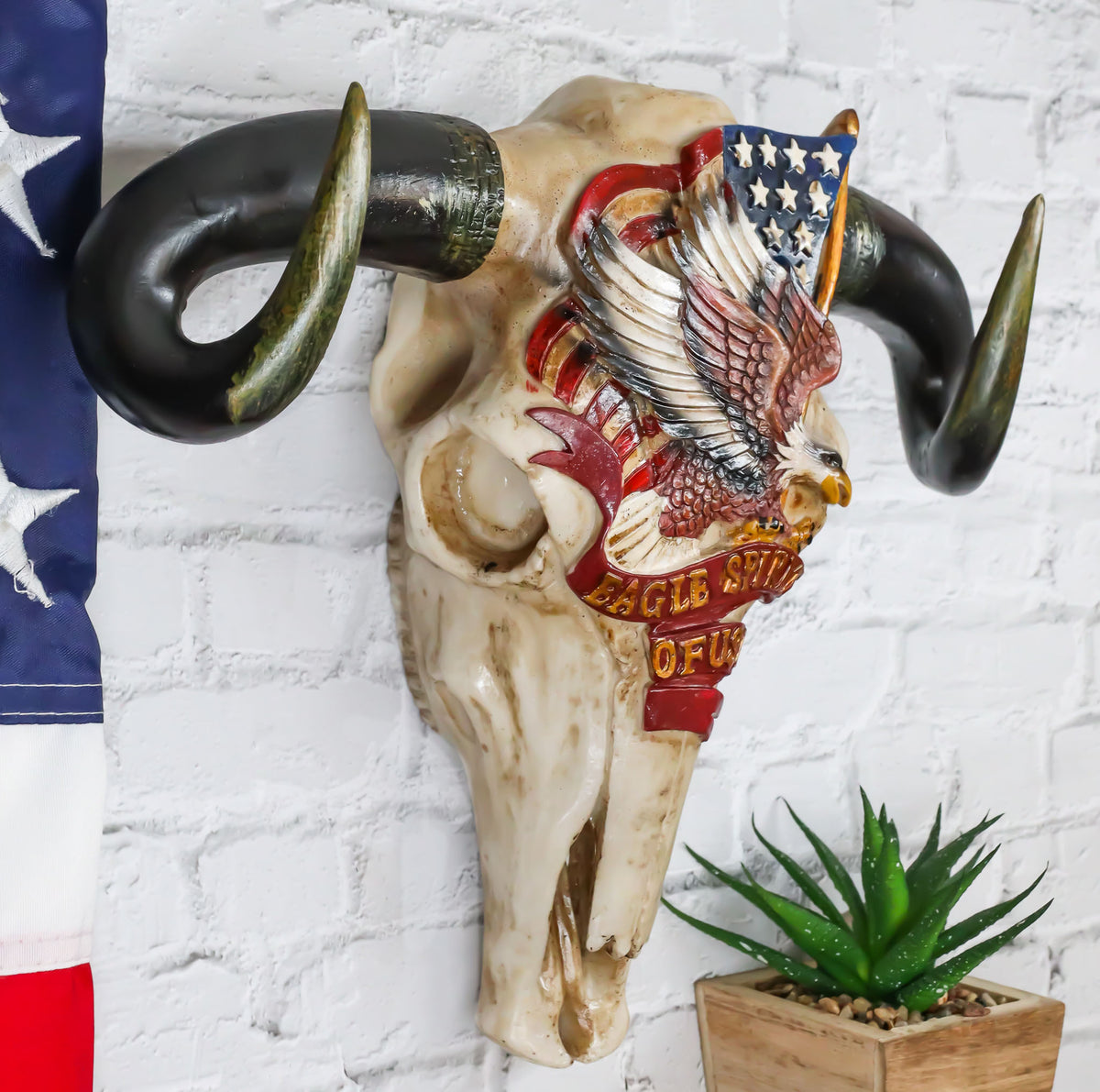 Rustic Western Cow Skull With Bald Eagle American Flag Spirit Of USA Wall Decor