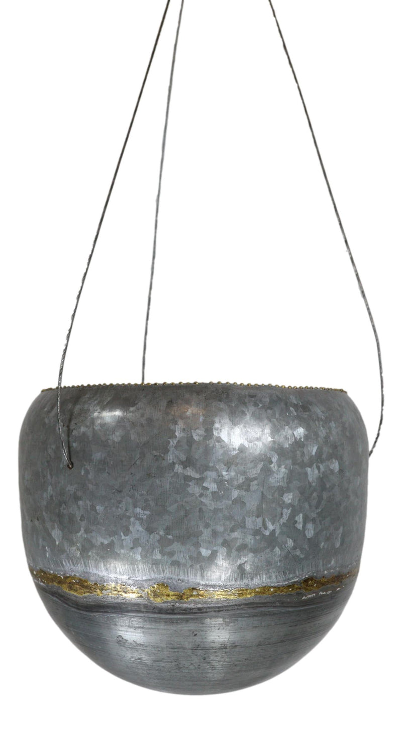 Farmhouse Rustic Galvanized Metal Gold Accent Hanging Round Wall Planter 8" Pot
