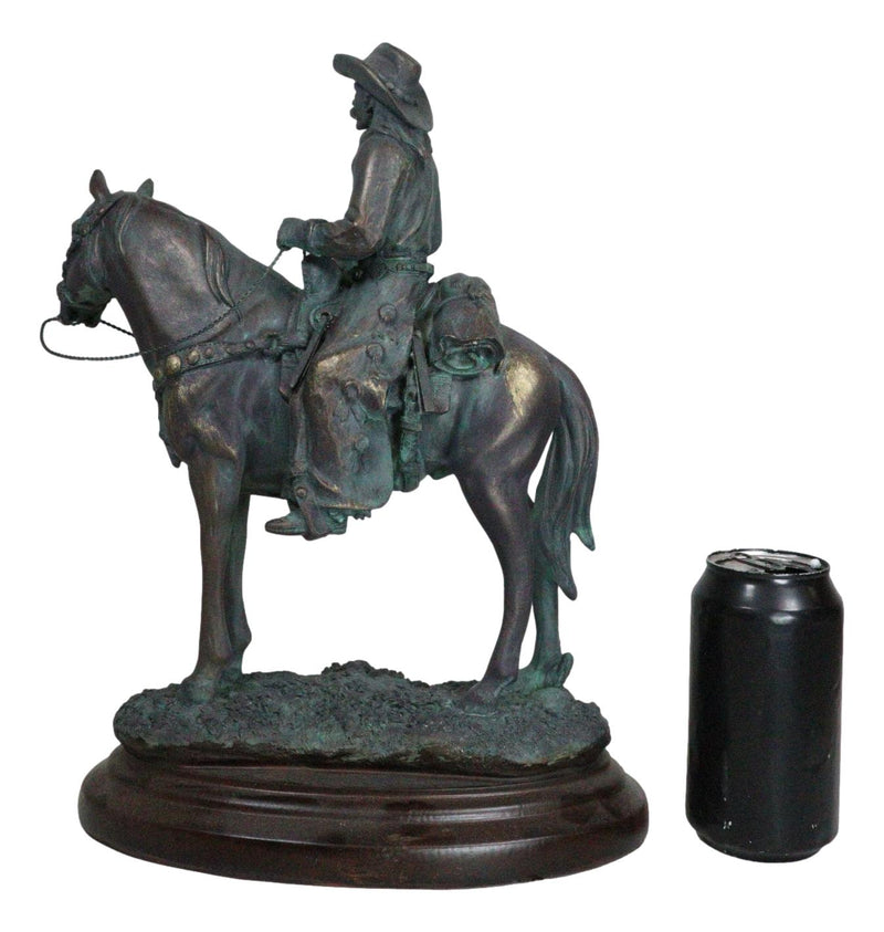 Western Ranger Cowboy With Hat On Bronco Horse Faux Bronze Verdigris Figurine