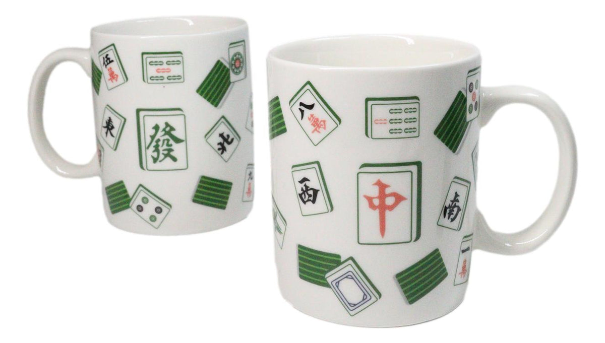 Set Of 2 Green White Chinese Mahjong Character Tiles Ceramic Mug Cups 11oz