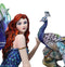 Large Fantasy Fairy With Blue Iridescent Train Wings Sitting By Peacock Statue