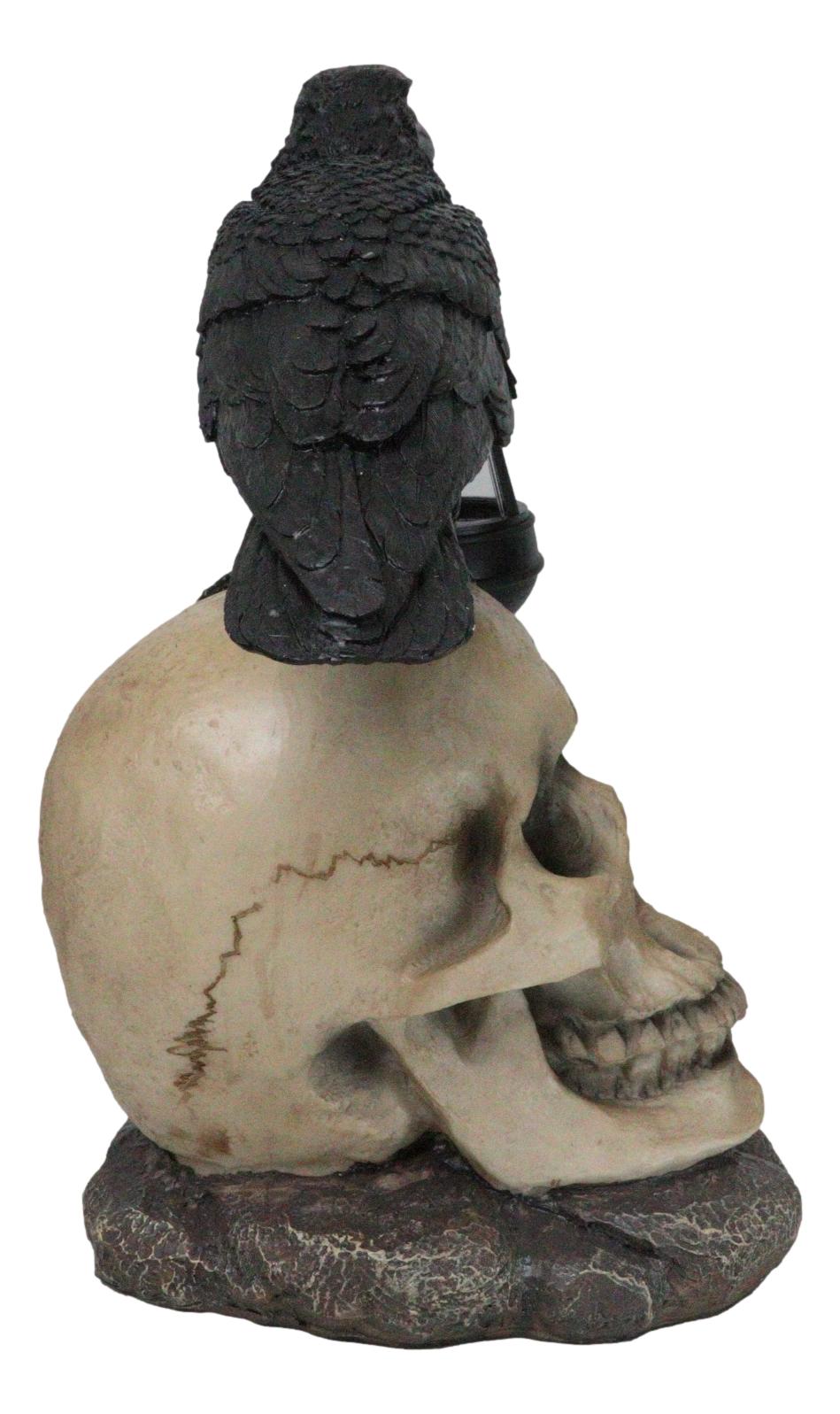 Ebros Edgar Corvus Raven Perching On Rose Skull Statue With Solar LED Lantern Light - Ebros Gift