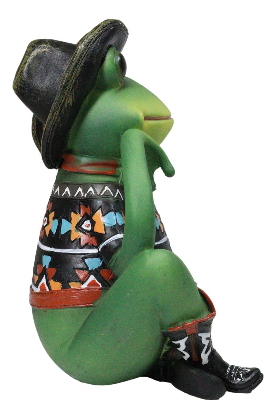 Western Green Cowboy Toad Frog with Black Hat Boots and Aztec Serape Figurine