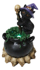 Witch Hat Black Cat Brewing Potion in LED Cauldron with Skulls Bonfire Figurine